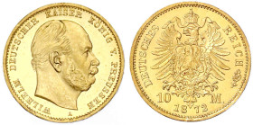 Reichsgoldmünzen

Preußen

Wilhelm I., 1861-1888

10 Mark 1872 A. Polierte Platte. Jaeger 242.