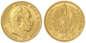 Reichsgoldmünzen

Preußen

Wilhelm I., 1861-1888

10 Mark 1872 A. fast Stempelglanz, Prachtexemplar. Jaeger 242.