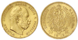 Reichsgoldmünzen

Preußen

Wilhelm I., 1861-1888

10 Mark 1872 A. fast Stempelglanz, kl.Kratzer. Jaeger 242.