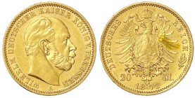 Reichsgoldmünzen

Preußen

Wilhelm I., 1861-1888

20 Mark 1872 A. gutes vorzüglich, kl. Randfehler. Jaeger 243.