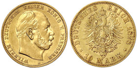 Reichsgoldmünzen

Preußen

Wilhelm I., 1861-1888

10 Mark 1878 A. vorzüglich. Jaeger 245.