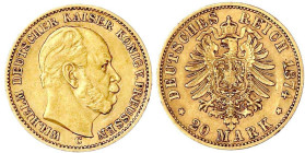 Reichsgoldmünzen

Preußen

Wilhelm I., 1861-1888

20 Mark 1874 C. vorzüglich, selten. Jaeger 246.