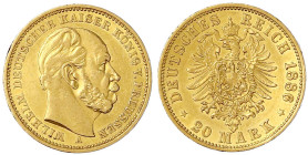 Reichsgoldmünzen

Preußen

Wilhelm I., 1861-1888

20 Mark 1886 A. vorzüglich, min. gewölbt. Jaeger 246.