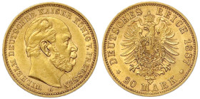 Reichsgoldmünzen

Preußen

Wilhelm I., 1861-1888

20 Mark 1887 A. vorzüglich/Stempelglanz. Jaeger 246.