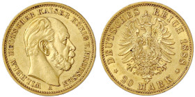 Reichsgoldmünzen

Preußen

Wilhelm I., 1861-1888

20 Mark 1888 A. Dreikaiserjahr. vorzüglich. Jaeger 246.