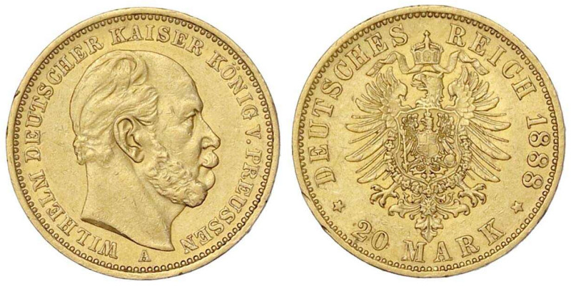 Reichsgoldmünzen

Preußen

Wilhelm I., 1861-1888

20 Mark 1888 A. Dreikais...