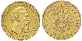 Reichsgoldmünzen

Preußen

Friedrich III., 1888

20 Mark 1888 A. sehr schön. Jaeger 248.