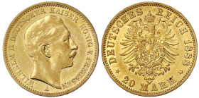 Reichsgoldmünzen

Preußen

Wilhelm II., 1888-1918

20 Mark 1888 A. Drei-Kaiserjahr. sehr schön/vorzüglich. Jaeger 250.