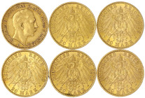 Reichsgoldmünzen

Preußen

Wilhelm II., 1888-1918

6 verschiedene 20 Mark mit Prägebuchstabe A: 1890, 1908, 1909, 1910, 1912, 1913. sehr schön b...