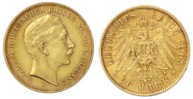 Reichsgoldmünzen

Preußen

Wilhelm II., 1888-1918

20 Mark 1905 J. Hamburg. sehr schön. Jaeger 252.