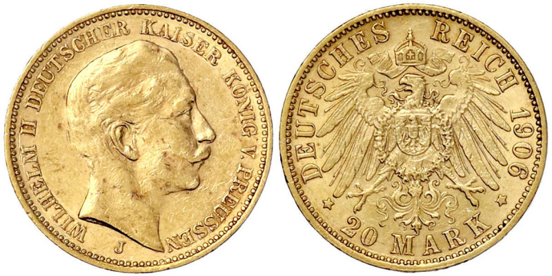 Reichsgoldmünzen

Preußen

Wilhelm II., 1888-1918

20 Mark 1906 J. Hamburg...