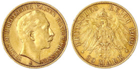 Reichsgoldmünzen

Preußen

Wilhelm II., 1888-1918

20 Mark 1909 A. vorzüglich. Jaeger 252.