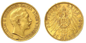 Reichsgoldmünzen

Preußen

Wilhelm II., 1888-1918

20 Mark 1909 A. vorzüglich. Jaeger 252.