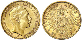 Reichsgoldmünzen

Preußen

Wilhelm II., 1888-1918

20 Mark 1909 J. Hamburg. gutes vorzüglich, winz. Randfehler. Jaeger 252.