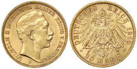 Reichsgoldmünzen

Preußen

Wilhelm II., 1888-1918

20 Mark 1910 J, Hamburg. gutes vorzüglich. Jaeger 252.