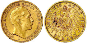 Reichsgoldmünzen

Preußen

Wilhelm II., 1888-1918

20 Mark 1910 J, Hamburg. vorzüglich,kl. Randfehler. Jaeger 252.