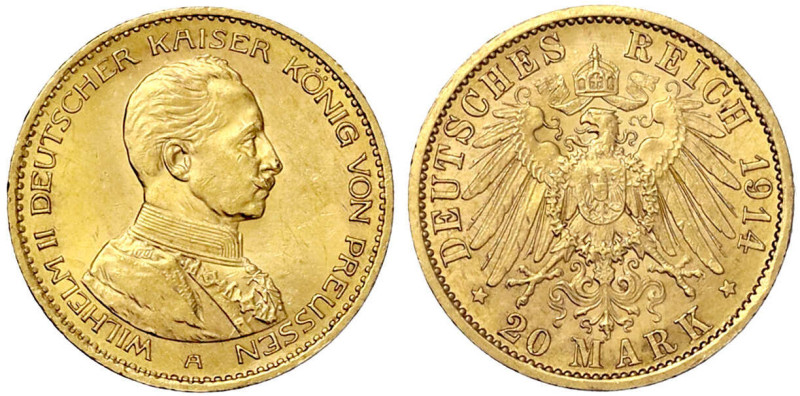 Reichsgoldmünzen

Preußen

Wilhelm II., 1888-1918

20 Mark 1914 A. Kaiser ...