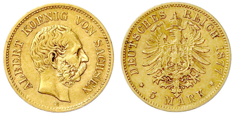 Reichsgoldmünzen

Sachsen

Albert, 1873-1902

5 Mark 1877 E. gutes sehr sc...