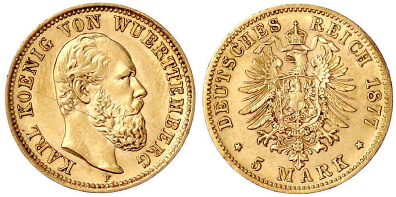 Reichsgoldmünzen

Württemberg

Karl, 1864-1891

5 Mark 1877 F. gutes vorzü...