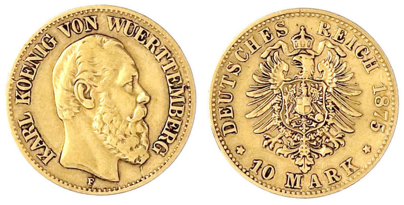 Reichsgoldmünzen

Württemberg

Karl, 1864-1891

10 Mark 1875 F. gutes sehr...