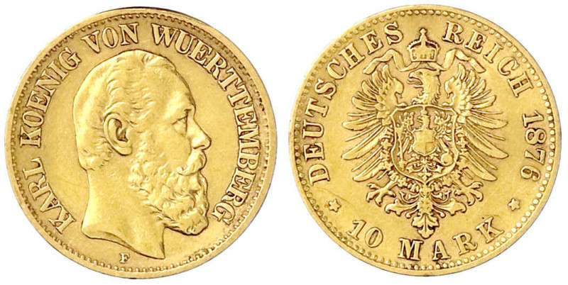 Reichsgoldmünzen

Württemberg

Karl, 1864-1891

10 Mark 1876 F. sehr schön...