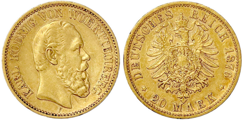 Reichsgoldmünzen

Württemberg

Karl, 1864-1891

20 Mark 1876 F. sehr schön...