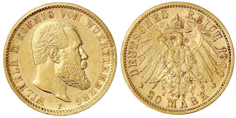 Reichsgoldmünzen

Württemberg

Wilhelm II., 1891-1918

20 Mark 1900 F. gut...