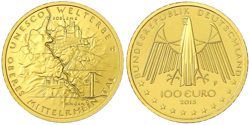 Goldmünzen der Bundesrepublik Deutschland

Euro, ab 2002

100 Euro 2015 F, O...