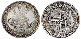 Römisch Deutsches Reich

Haus Habsburg

Erzherzog Ferdinand II., 1564-1595

Reichstaler o.J. Hall. Harnisch mit Ranken und Blümchen. 28,48 g. vo...