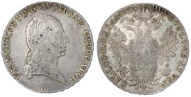 Römisch Deutsches Reich

Haus Habsburg

Franz II.(I.), 1792-1835

Konventionstaler 1821 G, Günzburg. sehr schön, selten. Herinek 331. Frühwald 1...