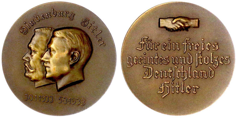 Medaillen

Drittes Reich

Bronzemedaille 1933 a.d. Machtergreifung. Köpfe Hi...