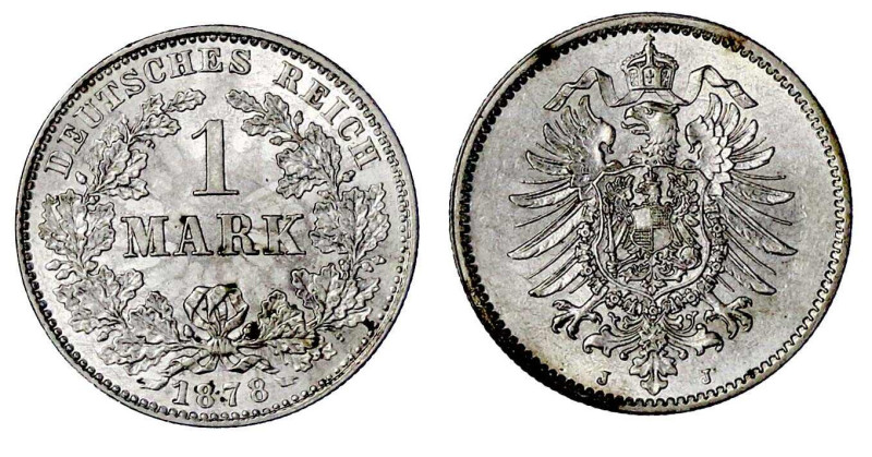 Reichskleinmünzen

1 Mark kleiner Adler, Silber 1873-1887

1878 J. prägefris...