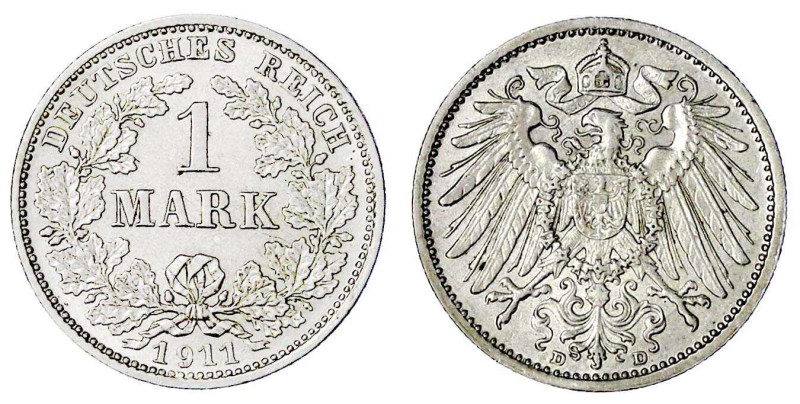 Reichskleinmünzen

1 Mark großer Adler, Silber 1891-1916

1911 D. vorzüglich...