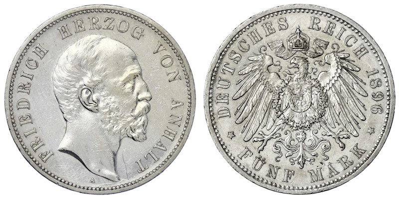 Reichssilbermünzen J. 19-178

Anhalt

Friedrich I., 1871-1904

5 Mark 1896...