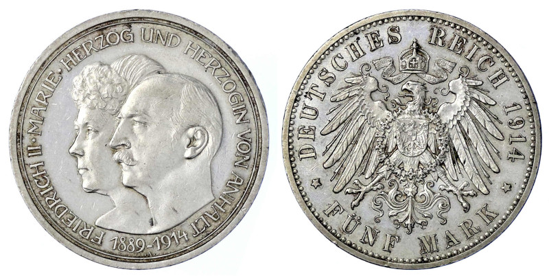 Reichssilbermünzen J. 19-178

Anhalt

Friedrich II., 1904-1918

5 Mark 191...