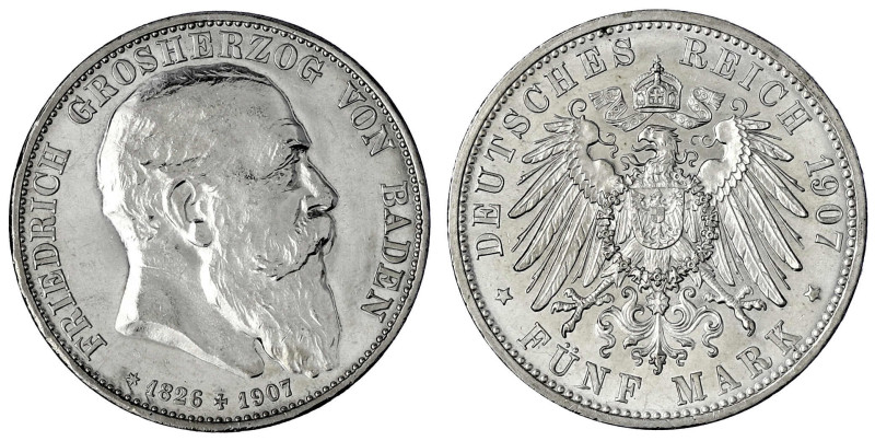 Reichssilbermünzen J. 19-178

Baden

Friedrich I., 1856-1907

5 Mark 1907,...