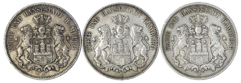 Reichssilbermünzen J. 19-178

Hamburg

3 Stück: 5 Mark 1875 J, 1876 J, 1902 ...