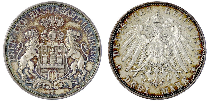 Reichssilbermünzen J. 19-178

Hamburg

3 Mark 1914 J. Polierte Platte, nur m...