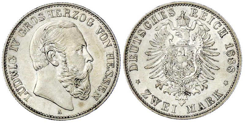 Reichssilbermünzen J. 19-178

Hessen

Ludwig IV., 1877-1892

2 Mark 1888 A...