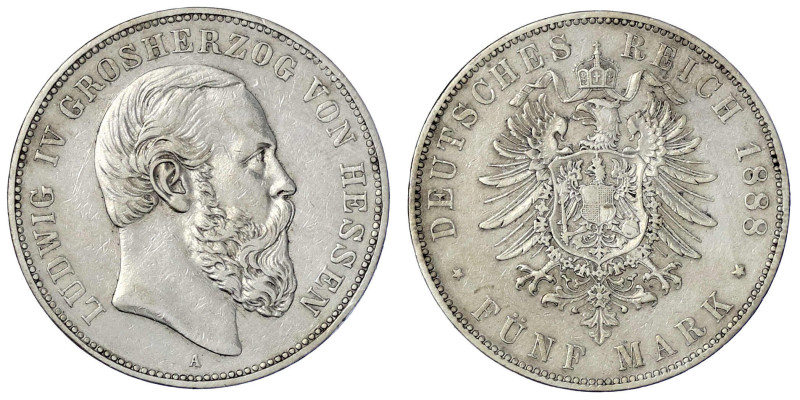 Reichssilbermünzen J. 19-178

Hessen

Ludwig IV., 1877-1892

5 Mark 1888 A...