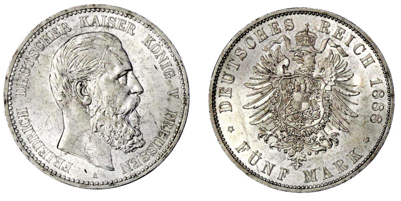 Reichssilbermünzen J. 19-178

Preußen

Friedrich III., 1888

5 Mark 1888 A...