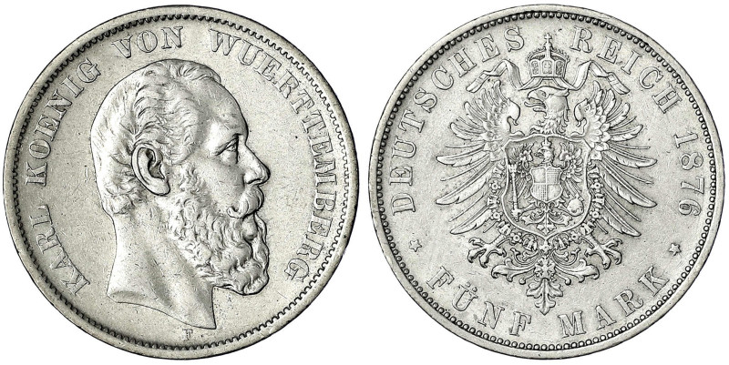 Reichssilbermünzen J. 19-178

Württemberg

Karl, 1864-1891

5 Mark 1876 F....