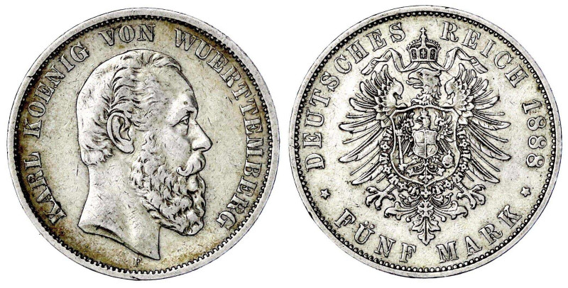 Reichssilbermünzen J. 19-178

Württemberg

Karl, 1864-1891

5 Mark 1888 F....