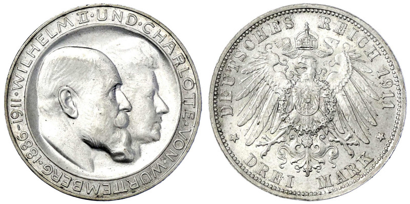 Reichssilbermünzen J. 19-178

Württemberg

Wilhelm II., 1891-1918

3 Mark ...