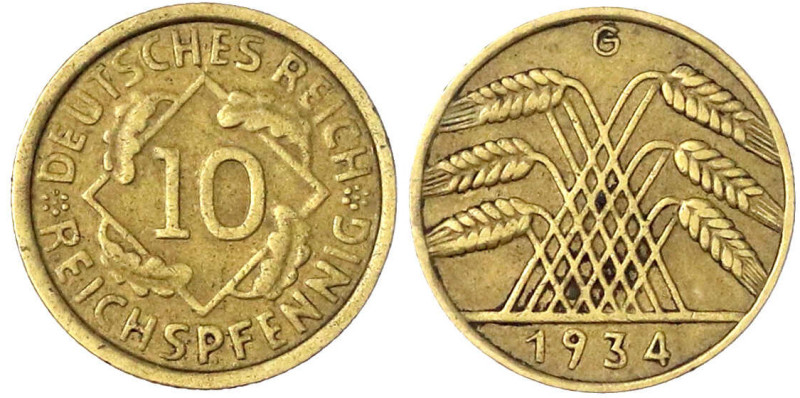 Weimarer Republik

Kursmünzen

10 Reichspfennig, messingfarben 1924-1936

...