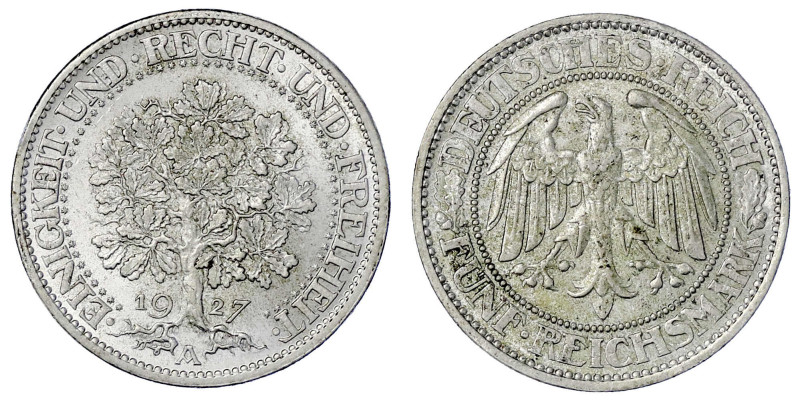 Weimarer Republik

Kursmünzen

5 Reichsmark Eichbaum Silber 1927-1933

192...