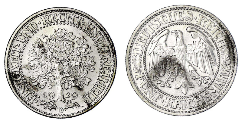 Weimarer Republik

Kursmünzen

5 Reichsmark Eichbaum Silber 1927-1933

192...