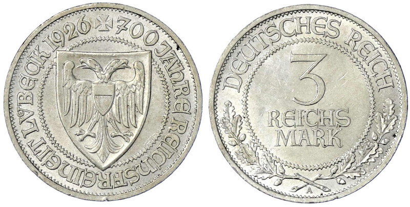 Weimarer Republik

Gedenkmünzen

3 Reichsmark Lübeck

1926 A. gutes vorzüg...