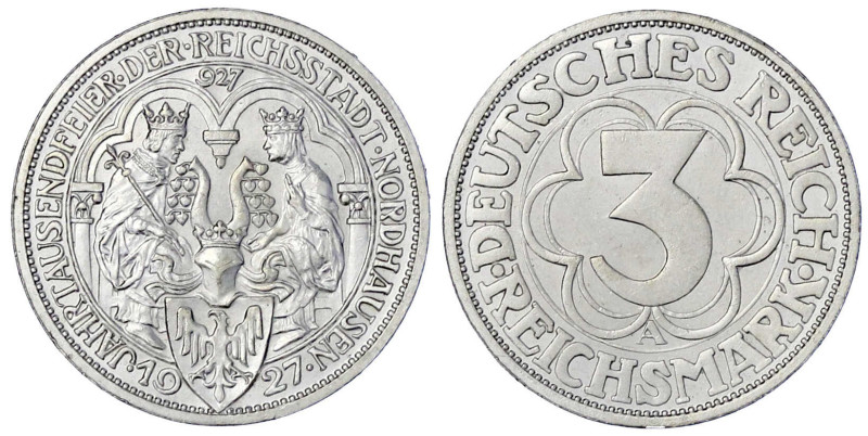 Weimarer Republik

Gedenkmünzen

3 Reichsmark Nordhausen

1927 A. vorzügli...