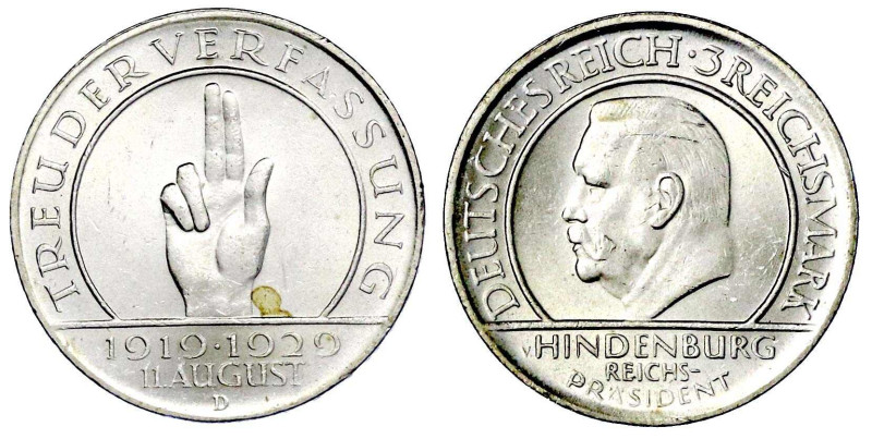 Weimarer Republik

Gedenkmünzen

3 Reichsmark Schwurhand

1929 D. prägefri...